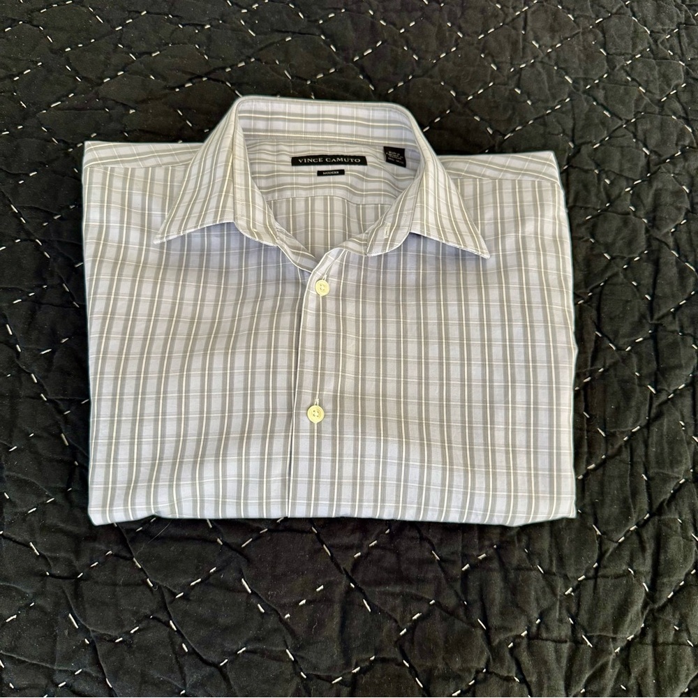 Vince Camuto Men's Light Gray and White Striped Dress Shirt 16.5 34-35
